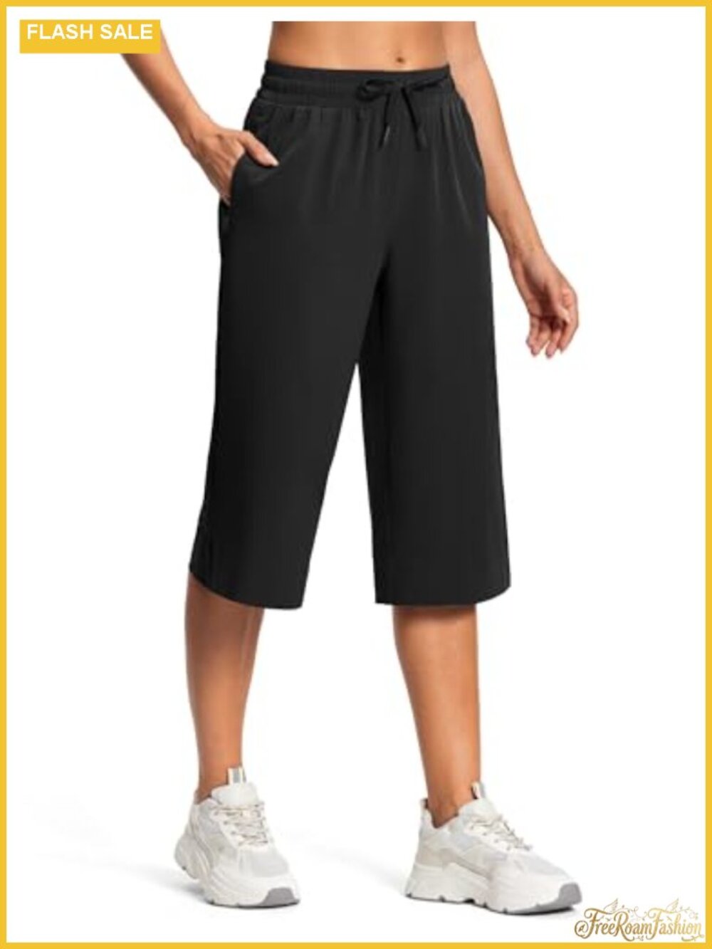 Wide Leg Capri Sweatpants with Drawstring and Zipper Pockets